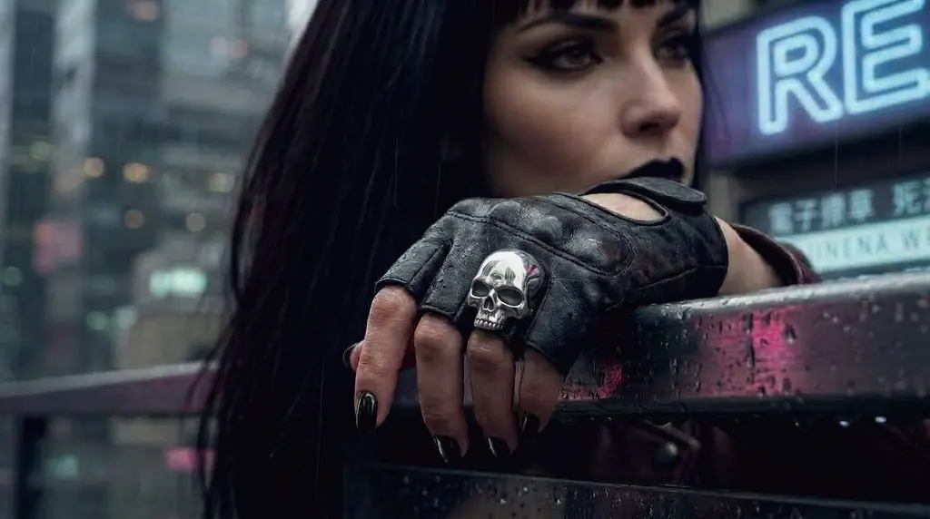 Close-up of Morgana's gloved hand resting on a wet rail, a silver skull ring on her finger.