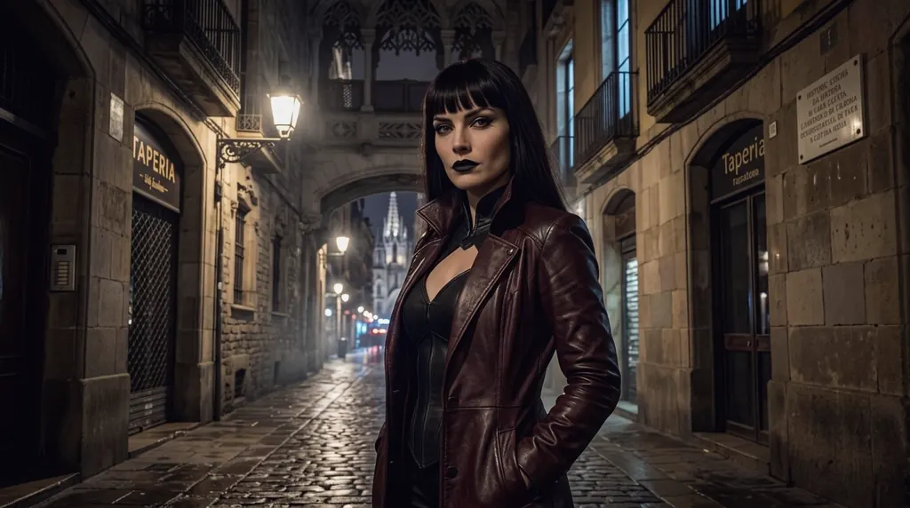 Morgana in a burgundy leather coat, standing in a narrow gothic stone alley at night, wet cobblestones shining under an old lamp.