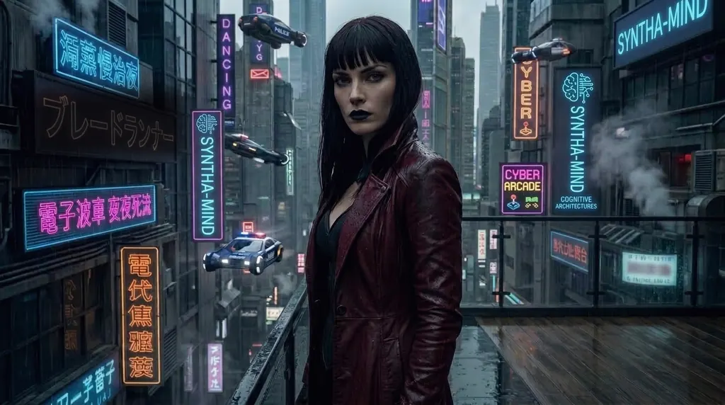 Morgana on a rain-soaked rooftop terrace among towers of neon signs, flying police cars drifting through the mist.