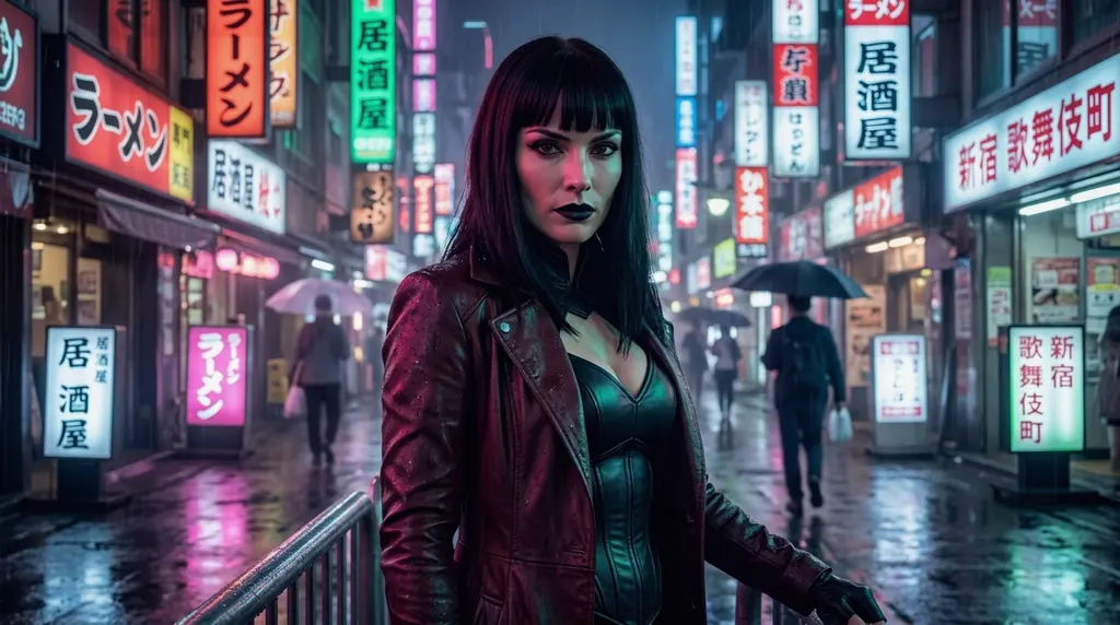 Morgana in a street of glowing red and green signs, rain falling, strangers with umbrellas passing behind her.