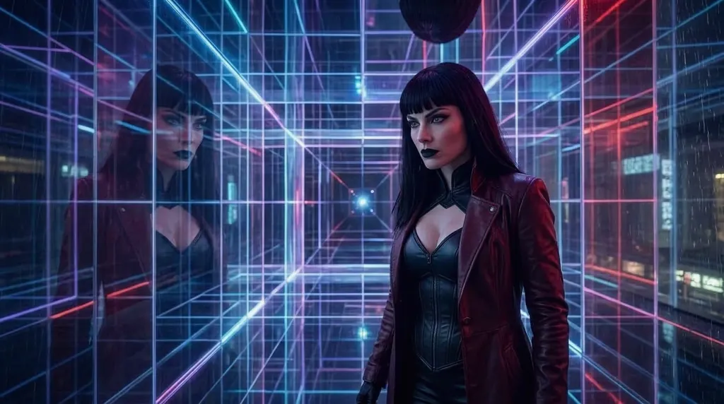 Morgana inside an endless grid of violet and cyan light, her reflection watching from a glass wall.
