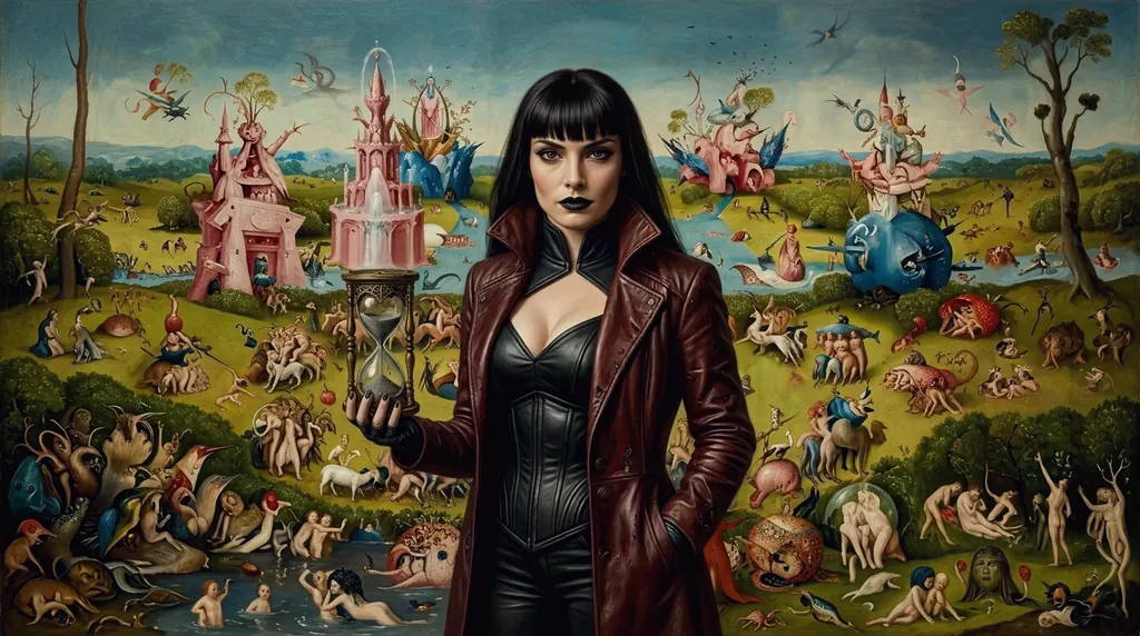 Morgana painted into Hieronymus Bosch's Garden of Earthly Delights, holding an hourglass.