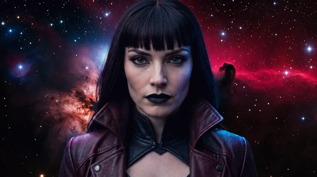 Close portrait of Morgana against a red and violet nebula full of stars.