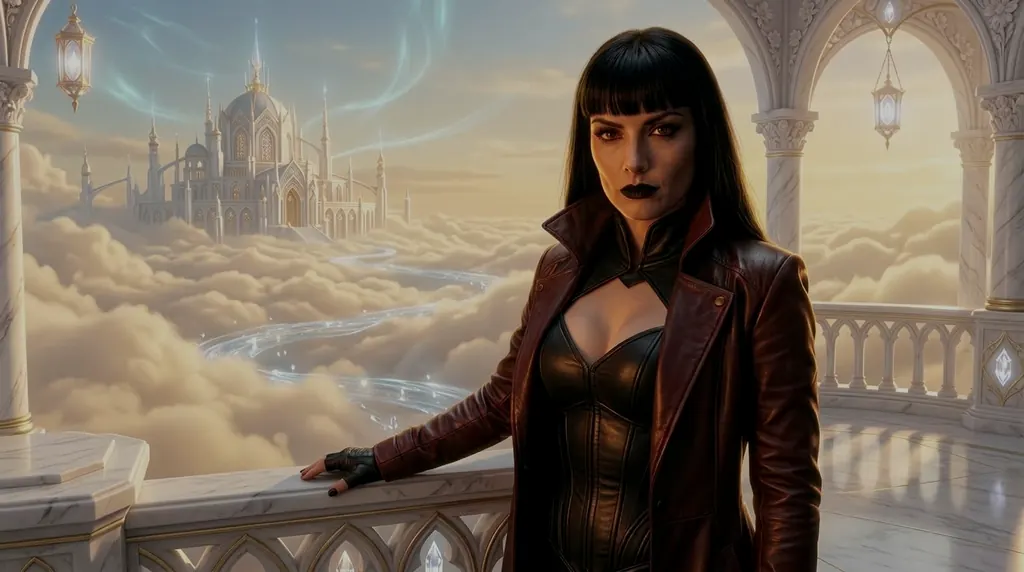 Morgana on a white marble balcony above golden clouds, a shining cathedral floating in the distance.
