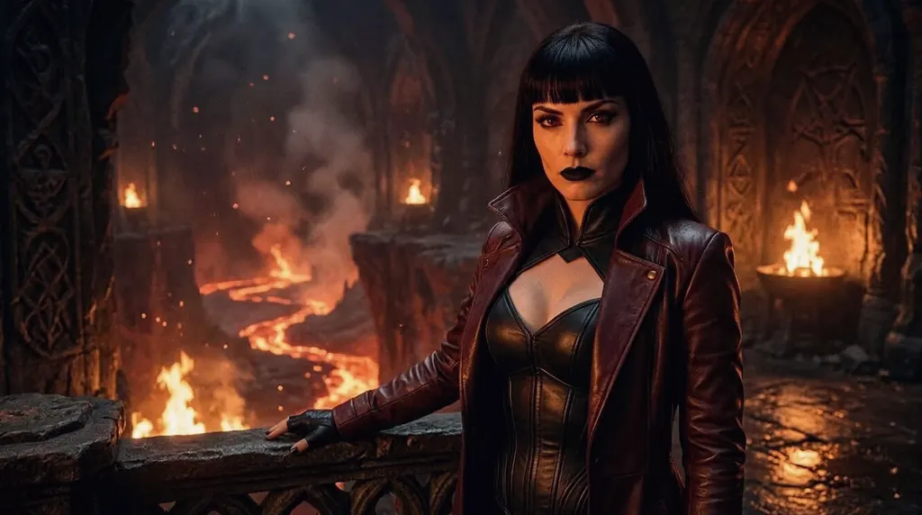 The same woman in a gothic hall of fire, rivers of lava glowing behind her.